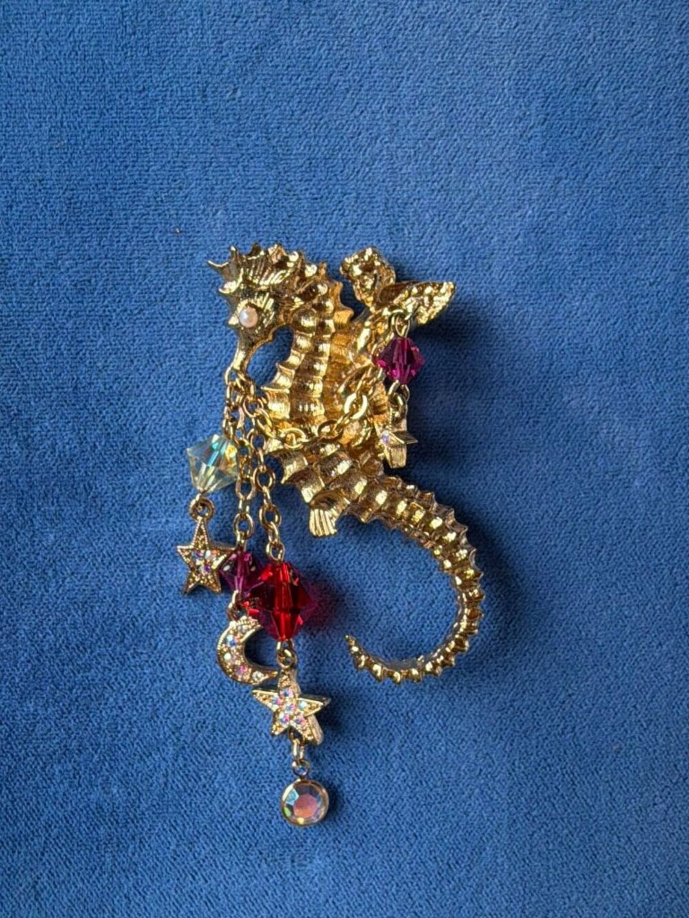 Vintage Kirks Folly Seahorse Fairy Brooch Pin Gold Tone Crystal Dangle Charms